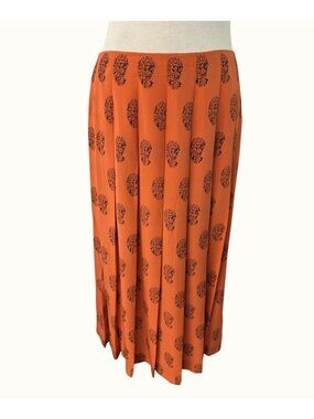 Madewell 1937 Stitched down Pleat Midi Skirt 4 Peach/Rust Black Paisley Side Zip